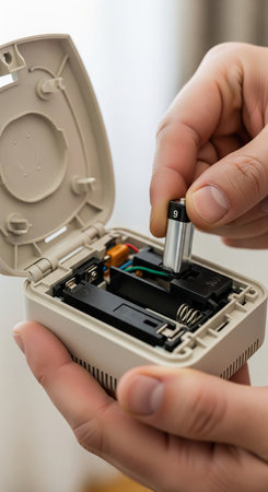 Man inserting a 9-volt battery into an electronic device for power supply and maintenance. Home repair and electronics concept. VERTICAL.の写真素材