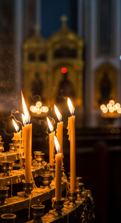 Lit candle with melted wax in church or temple, warm flame burning with smoke. Prayer and spiritual ceremony in religious building. VERTICAL.の写真素材