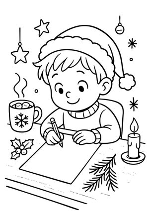 Christmas coloring page for kids with cute child in santa hat drawing at desk with candle, hot cocoa, stars, ornaments for fun holiday children s activity. black outline on white background. vertical.のイラスト素材