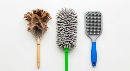 Various cleaning tools including a feather duster, microfiber duster, and brush. Household items for tidying and maintaining a clean home environment.の写真素材