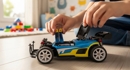 Kid putting battery into toy car. Child inserting batteries into remote control vehicle at home....