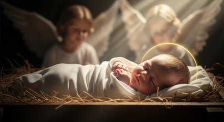 Baby with halo sleeping in manger with angelic child watching. Nativity scene with infant Jesus. Christmas religious holiday concept and celebration design.の写真素材