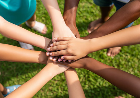 Diverse kids hands stacked in a circle on green grass. Unity and teamwork concept for children....