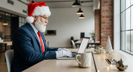 Caucasian man in santa hat and suit typing on laptop. Businessman working online for Christmas holiday. Modern office with holiday decoration.の写真素材