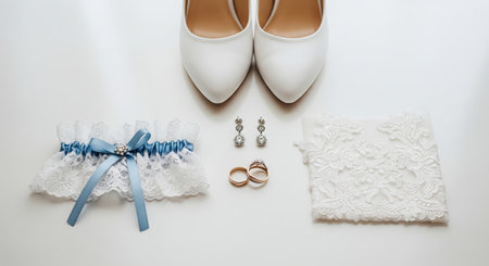 Elegant flat lay of a brides wedding day essential accessories, including white shoes, lace garter, earrings, and rings, for bridal preparation.の写真素材