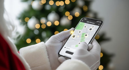 Man wearing a Santa costume checking gift delivery on a smartphone with a map application for...