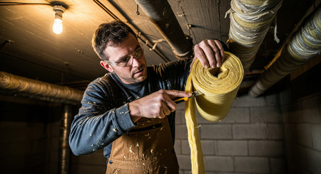 Man cutting insulation for pipe in a dark basement. Home improvement and renovation concept for energy saving. Construction worker.の写真素材