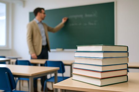 Stack of textbooks and teacher writing on chalkboard in classroom setting for educational process. concept of learning, school, education environment.の写真素材