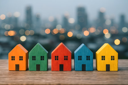 Colorful wooden houses with urban skyline in background captured in evening light. concept of city living, architectural diversity, vibrant neighborhoods.の写真素材