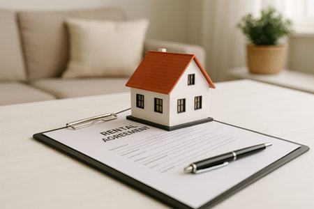Rental agreement scene with small model house and pen on table in modern living room. concept of real estate, property rental, home ownership documentation.の写真素材