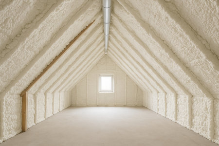 Spray foam insulated attic with minimal decor for enhanced energy efficiency and simple design in home improvement.の写真素材