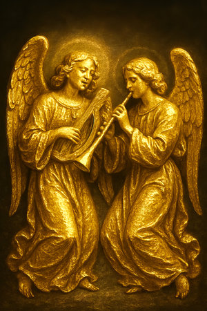 Golden christmas angels playing musical instruments in an artistic illustration. concept of holiday music, spiritual serenity, festive decor, vertical.の写真素材