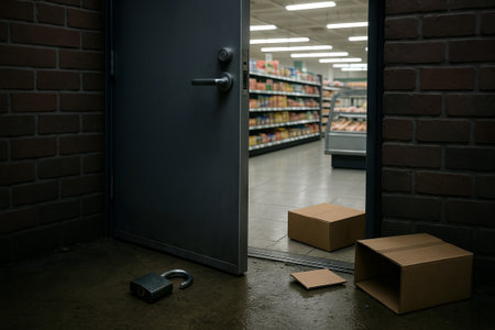 Open supermarket door with cardboard boxes and padlock. concept of security, retail access, urban life.の写真素材