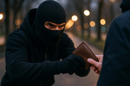 Masked robber confronts pedestrian in city alley at night. concept of urban crime, nighttime danger, secretive encounter.の写真素材