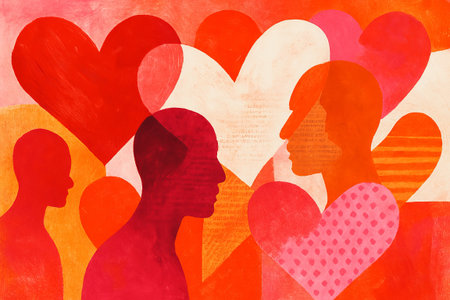 Colorful heart silhouette illustration with abstract figures and textured background. concept of love, artistic design, emotional expression, background.の写真素材