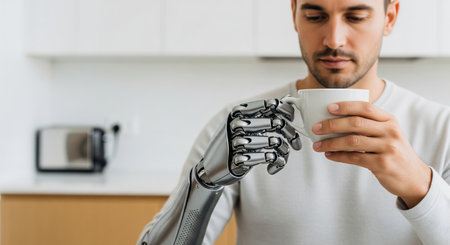 Young caucasian man with advanced robotic arm enjoying a cup of coffee in modern kitchen. concept of...