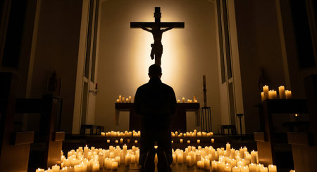 Silhouette of man praying in candlelit church with crucifix altar at night. concept of religion,...