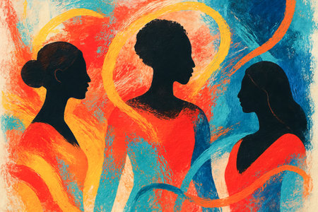 Colorful abstract painting of diverse women in vibrant style on textured canvas. concept of diversity, artistic expression, multicultural illustration.の写真素材