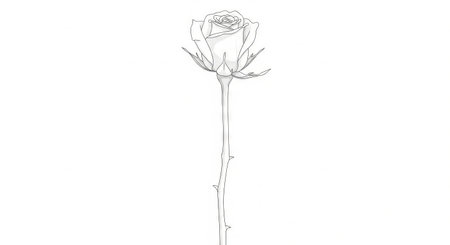 Trendy white color. White rose with a long stem and thorns in minimalist drawing style for greeting card, wedding, or Valentines Day.の写真素材