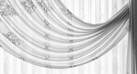 Trendy white color 2026 year. White curtain with a damask pattern as home decoration and general design element. Trendy white color for 2026 fashion..の写真素材