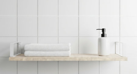 Trendy white color 2026 year. Modern bathroom shelf with white towels and soap dispenser on white tiled wall. Minimalist interior design for home decor and hygiene..の写真素材