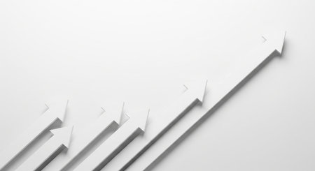 Trendy white color 2026 year. White arrows pointing upward on a clean minimal background. Business growth chart with a rising trend line for financial analysis..の写真素材