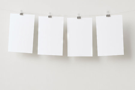 Trendy white color 2026 year. Four blank white papers hang on a string with binder clips, a minimalist mockup for a presentation, display, or creative project..の写真素材