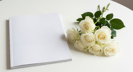 Trendy white color 2026 year. Blank white book and bouquet of white roses on table for mockup, concept of purity, celebration, gentle mood.の写真素材