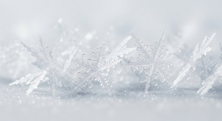 Trendy white color. Macro close-up of intricate snowflake crystal on a frosty surface, symbolizing winter beauty and holiday spirit for December and Christmas.の写真素材