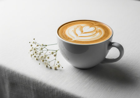 White coffee cup with latte art and delicate babys breath flower on a white tablecloth. Minimalist daily breakfast drink.の写真素材