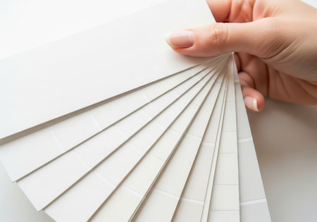Trendy white color 2026 year. Woman hand holding color palette with various shades of white. Interior design and home renovation concept with trendy white color..の写真素材