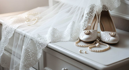 Trendy white color 2026 year. Trendy white color 2026. Elegant white wedding shoes and veil with lace detailing on a dresser. Bridal accessories and pearl jewelry for a special day..の写真素材