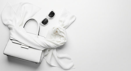 Trendy white color 2026 year. White stylish bag, scarf, and sunglasses for woman fashion flat lay composition. Minimalist elegant accessory set..の写真素材