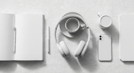 Trendy white color. White pen on open notebook with headphones, coffee cup, smartphone, and tablet. Neutral flat lay for work or study space concept.の写真素材
