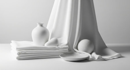 Trendy white color 2026 year. White still life composition with folded fabric, vase, decorative balls, and plate. Minimalist home decor concept for clean interior design..の写真素材