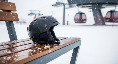 Snowy ski resort helmet on bench with falling snow and ski lift scene. concept of winter sports safety, relaxation, skiing preparation.の写真素材
