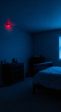Bedroom with red security camera light at night. Surveillance system for home safety, security, alarm, crime prevention, and privacy concept. VERTICAL.の写真素材
