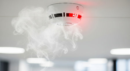 Smoke detector on ceiling warning about potential fire with red light blinking and white smoke. Safety device for home and office.の写真素材