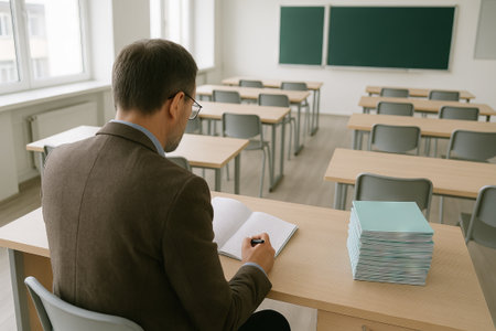 Male teacher working in classroom with books and notebook at desk. concept of education, teaching professional, academic environment.の写真素材