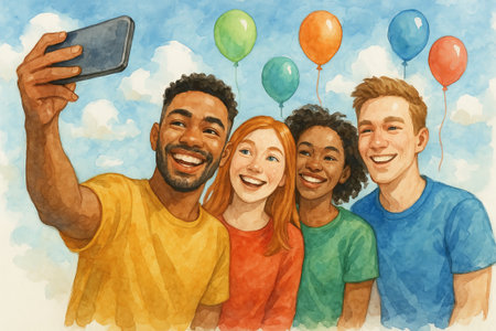 Group of friends taking a selfie with balloons under a blue sky watercolor illustration. concept of friendship, joyful moments, celebration.の写真素材