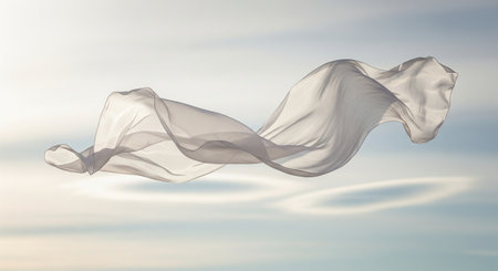 Trendy white color. White fabric floating in air, representing lightness and freedom. Abstract concept for beauty, fashion, and natural product advertising.の写真素材