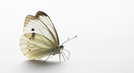 White butterfly close up on clean background, symbolizing fragile beauty and summers gentle arrival, trendy color for 2026.の写真素材