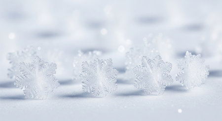 Trendy white color 2026 year. Close up view of delicate clear snowflakes and crystal pattern. Abstract winter design and festive background for Christmas and New Year concept..の写真素材