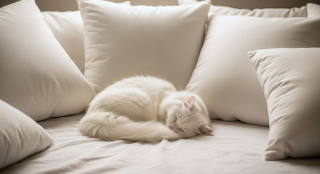 Elegant white cat sleeping on white cushioned sofa in cozy home interior. concept of tranquility, minimalist decor, peaceful living space.の写真素材