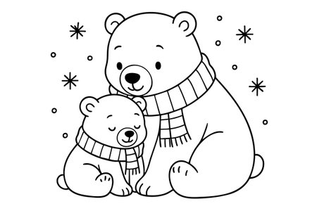 Christmas coloring page for kids with cute polar bear family wearing scarves surrounded by snowflakes, for winter holiday coloring activities. black outline, isolated on white background.のイラスト素材