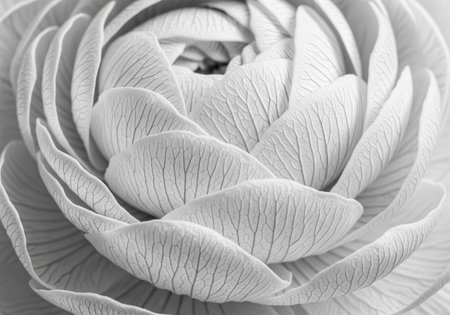 Trendy white color 2026 year. Close up of a white flower showing delicate petals and intricate veins. Natural beauty and botanical detail for aesthetic background..の写真素材