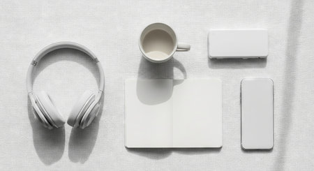 Trendy white color 2026 year. Modern flat lay with white headphones, notebook, cup, and digital devices on a textured white background for creative design..の写真素材