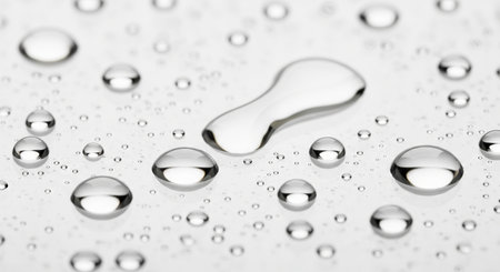 Trendy white color 2026 year. Clear water drops on white surface. Purity of liquid and hydration concept. Freshness, reflection, and clean background for cosmetic or health themes..の写真素材