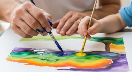 Man and child hands painting a watercolor landscape together. Parent engaging in art activity with kid for creative development and family bonding..の写真素材