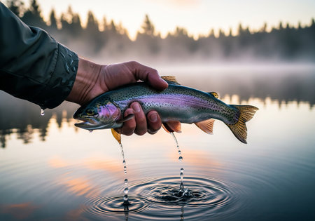 Man holding a freshly caught rainbow trout over a tranquil lake with water dripping and ripples. Concept of fly fishing sport and outdoor activity..の写真素材